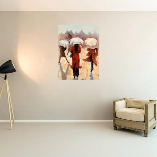 3D Handmade Oil Painting Street View on Rainy Day People Holding Umbrellas Landscape Wall Art for Room Lobby Wall Decor Dropship