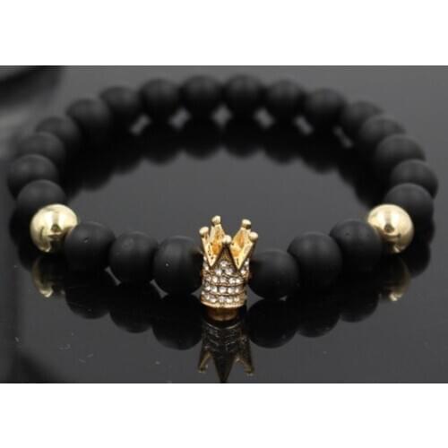 8mm utjtu gold silver micro pave cz zircon cubic zirconia Bracelet adjusted nature stone bead Crown Frosted agate Onyx Bangles