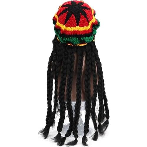 28" Long Black Synthetic Rasta Dreadlocks Wig Tam Reggae Knit Slouchy Cap Jamaican Crocheted Beanie Hippie Knitted Stretchy Hat