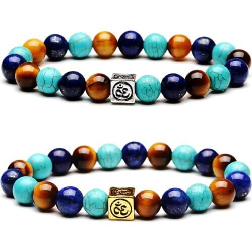 Tiger Eye Lapis Turquoise 8mm Beaded Bracelet Healing Reiki Natural Stone stainless steel Jewelry for Couple