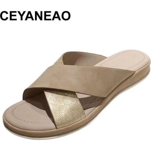 CEYANEAO Woven Slippers Women Slip on Slides Fashion Brand Square Toe Leather Flat Sandals Female Outdoor Casual Slippers Flip