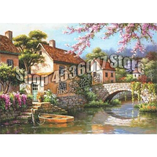 Country Village Canal Diamond Painting Cross Stitch Diamond Embroidery Diy Diamond Mosaic Boats Houses Full Rhinestones Gift Art