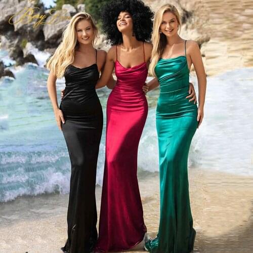 Berylove A Line Long Evening Dresses Sexy Spaghetti Strap Satin Prom Dress Pleated Evening Robe Side Slit Belts Robe De Soiree