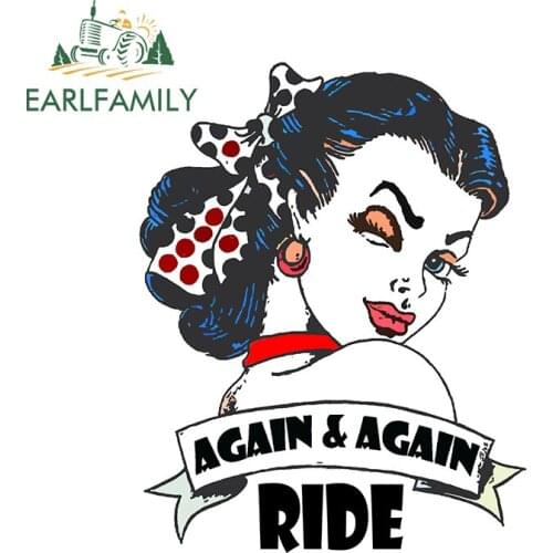 EARLFAMILY 13cm x 10.2cm for Pin up girl Moto Ride Again And Again Vinyl Car Sticker Air Conditioner Decal Waterproof Decoration