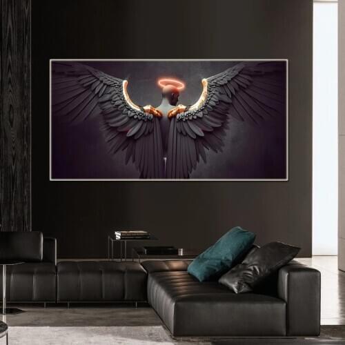 Canvas Painting Scandinavian Nude Wing Angel with Black Wings Posters on The Wall Decorations Living Room Abstract Picture Art