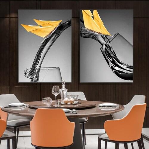Yellow Boat Wine Glass Canvas Painting Nordic Posters and Prints Modern Fantasy Wall Art Picture 2Pcs for Living Room Home Decor