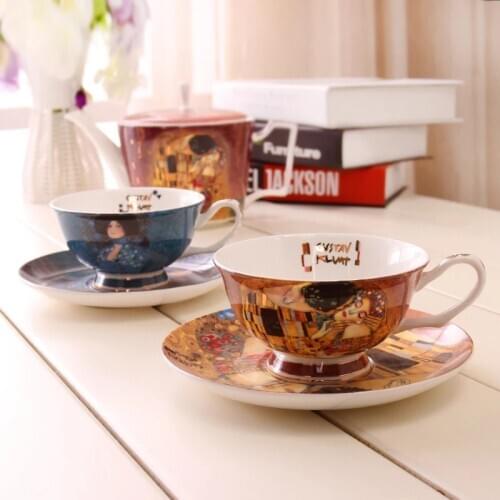 Creative European bone china coffee mugs suit simple afternoon tea cup Gustav Klimt Art paintings lw0326459