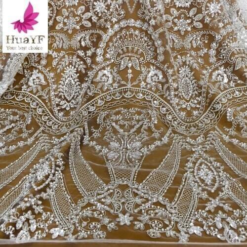 Newest Luxury White Bridal Sequins Lace Net Embroidery Fabrics With Glass Beads For Wedding Dress HY1441