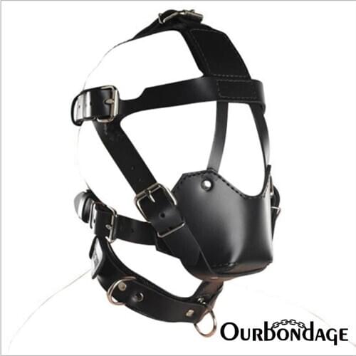 Ourbondage PU Leather Adjustable Head Bondage Strap Harness With Collar & Horse Muzzle For Men Women Fetish BDSM Couples