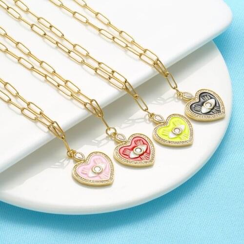 QMHJE Enamel Heart Evil Eye Charm Pendant Necklace Women Choker Gold Chain Geometric Thick Neon Yellow Necklaces Anniversary