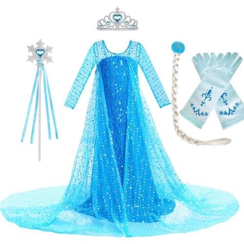 Girls Elsa Dress Cosplay Snow Queen 2 Elza Costume Children Fancy Party Long Dress Clothes Princess Frocks Christmas up Sequins