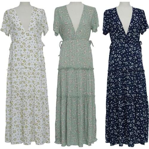 New Stylish Bohemian Women Summer Dress Short Sleeve Ruffle Deep V Neck Floral Print Elegant Maxi Dress for Party Streetwear