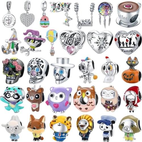 WOSTU Genuine 925 Sterling Silver Fun Animal World Fox Lion Tiger Bead Charm Pendant Fit Bracelet Women DIY Fine Jewelry Gift
