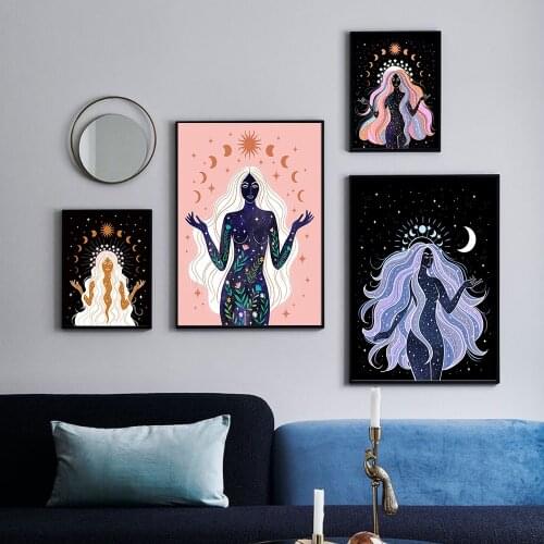 Boho Witch Earth Celestial Body Star Moon Sun Goddess Poster And Print Canvas Painting Nordic Modern Living Room Home Decor