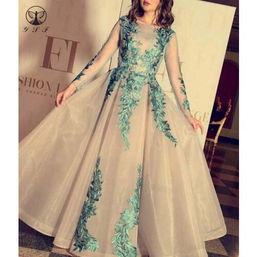 Simple but Elegant O Neck Appliqued Lace Pleated Floor Length Long Sleeve Prom Dresses 2020