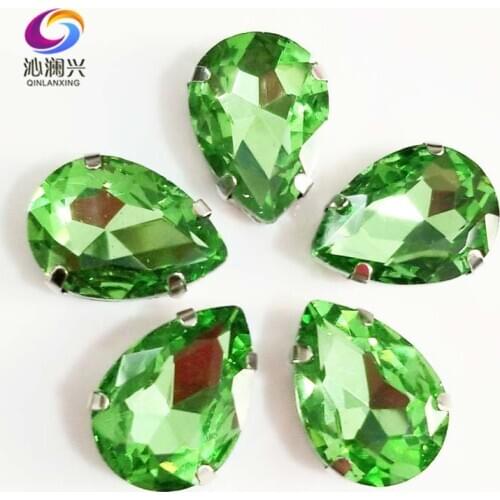 Light green DR shape High quality AAAA Glass Crystal flatback sew on claw rhinestones with holes,Diy Clothing accessories SWS15