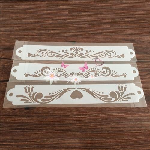 3Pcs 310*45mm Rose & Waves Lace Totem Stencil Pad Plastic Spray Flower Cake Mold Strew Cupcake Decoration Baking Tool Moulds