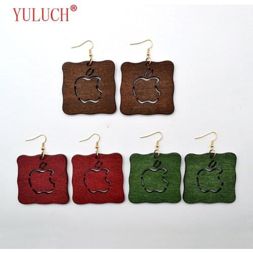 YULUCH 2018 Fashion Personality Woman Square Wood Hollow Description Apple 3 Color Pendant Earrings Accessories Gift