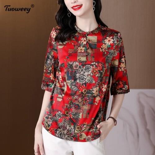 Femme Plus Size Vintage Ladies Blusas Women Chiffon Blouse Summer Lace Up Print Tunic Casual Middle short Sleeve Tops Lady Blusa