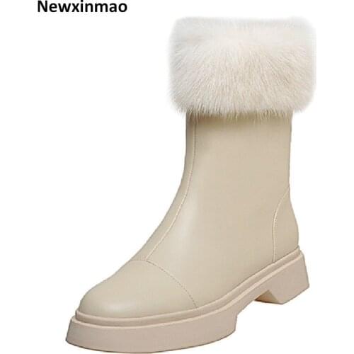 Genuine Leather Back Zipper Snow Boots Platform Round Toe Chunky Heels Shoes Woman 2021 Winter Party Working Basic Ankle Boots