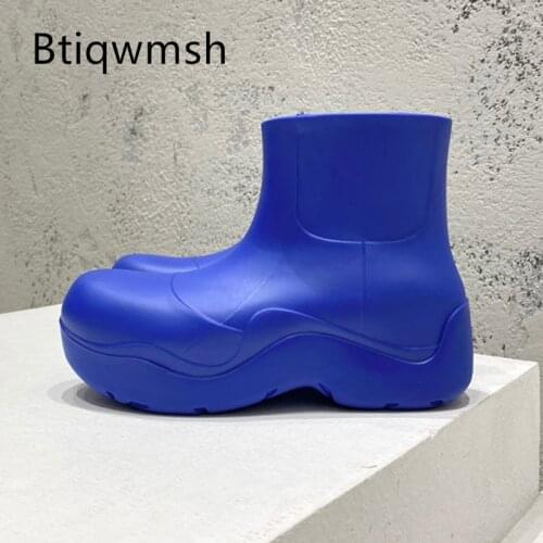 Yellow Rain Boots Round Toe Green Pink Thick Bottom Rubber Flat Shoes Woman Fashion Ankle Boots