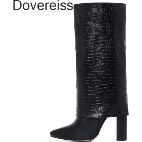 Dovereiss Fashion Womens Shoes Winter Sexy Genuine Leather Concise White Block Heels Chunky Heels Slip On Half Boots 40 41 42