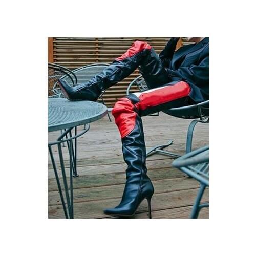 Big Size 45 Woman Sexy Black Red White Patchwork Over The Knee Boots Pointed Toe Thin Heels Motorcycle Thigh Leather Boots