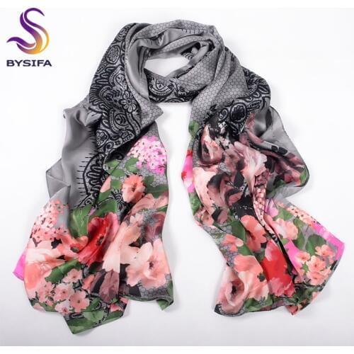 [BYSIFA] Grey Pink Ladies Winter Scarves Echarpe Brand Accessories 100% Silk Feeling Floral Pattern Silk Scarf Shawl 180*90cm