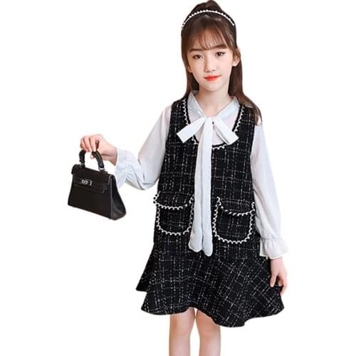 Teen Girls Clothing Plaid Pattern Girls Outfits Vest + Dress Costume For Girl Casual Style Tracksuit Kids