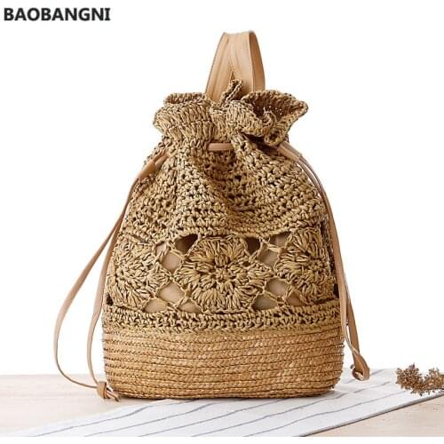 Handmade Womens Backpack Summer Straw Beach Bag Woven Hollow Drawstring Shoulder Bags Bohemian Knitted Fashion Female Backpacks