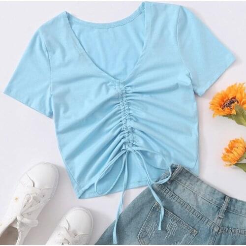 2020 Sexy Slim Fit Elastic V-neck Front Drawstring Womens Short T-shirt