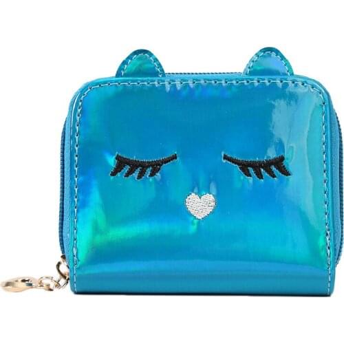 25PCS / LOT Female Laser Holographic Wallets Short Cute Cartoon Cat Wallet Mini Small Coin Purse Zipper Purse Leather Money Bags