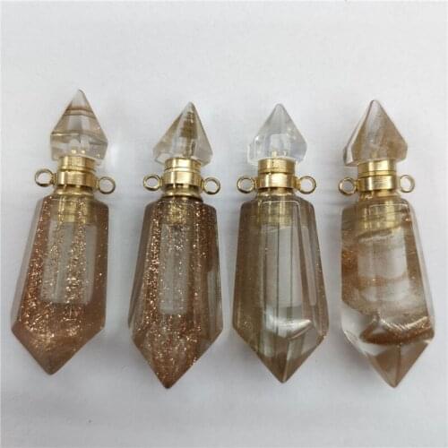 4Pcs 42x13mm Wholesale Gold Foil Tawny Moonlight Handmade Glass Hexagonal Perfume Bottle Reiki Healing Pendant S39