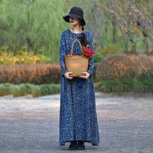 Free Shipping 2019 New Fashion Cotton Spring Autumn Long Maxi Dress With Pockets Women Long-sleeve Loose Flower Chinese Style