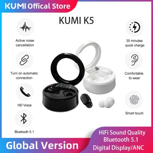 KUMI K5 Active Noise Canceling True Wireless ANC Bluetooth Earphone With Mic Handsfree Sports Earbuds for all Bluetooth Phone