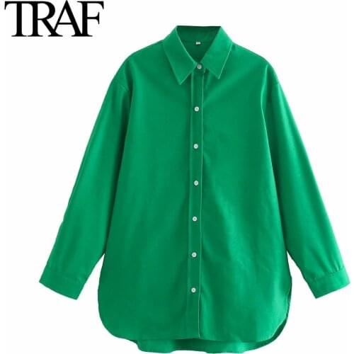 Traf Za Women Clothes Fashion Linen White Shirts Female Loose Button Up Green Long Sleeve Blouses Chic Office Ladies Tops Mujer