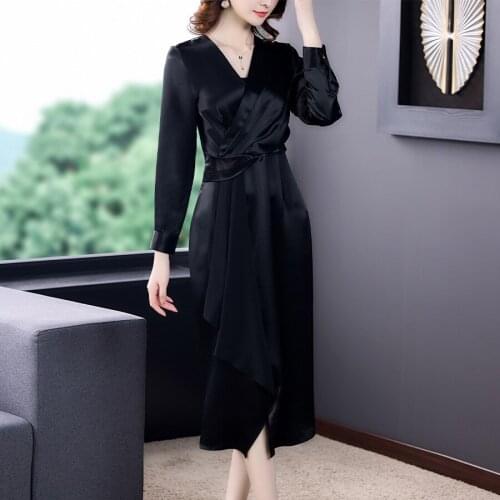Black Dress Long Sleeve Womens Autumn 2021 New V neck Slim Split satin Silk A-Line Dress Mid Calf M L XL XXL 3XL 4XL 5XL