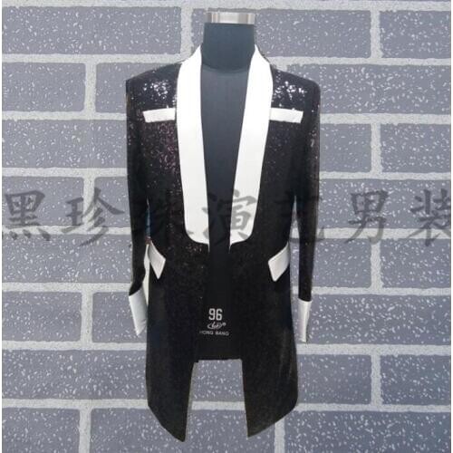 Black men suits designs homme terno stage costumes for singers men sequin blazer dance long clothes jacket style dress rock