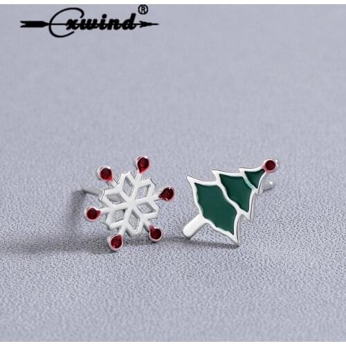 Cxwind Women Fashion Earring Jewelry Zircon Snowflake Enamel Christmas Tree Shape Stud Earrings for Kids Girl Ear Gift