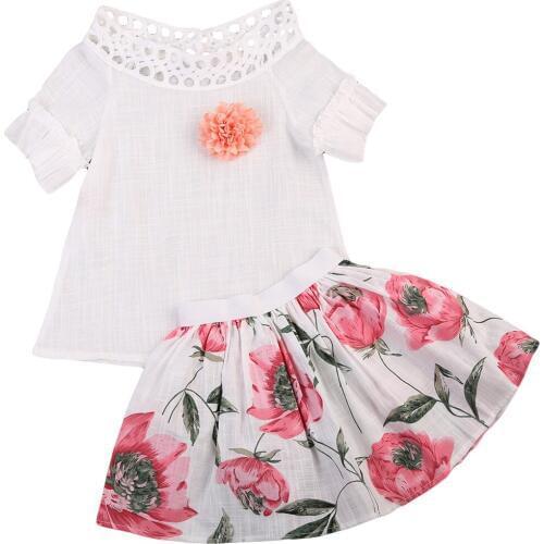 Kids Girls Fashion Clothing Sets New 2019 Brand Short Sleeve White T-shirt Tops+ Floral Skirt 2Pcs Suit girls boutique clothing