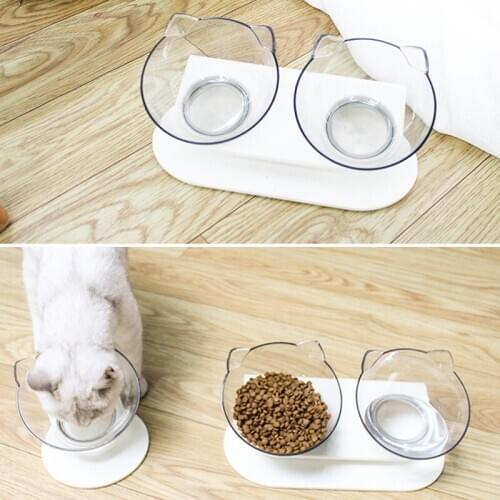 Cat Bowl Transparent Double Bowl Cat Food Bowl Water Bowl Basin Bowl Rack Dog Bowl Dog Food Basin Oblique Mouth Spine