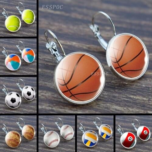 Fashion Sports Series Football Tennis Hook Earrings Glass Cabochon Earrings Soccer Basketball Ball Jewelry Gifts for Girl Women