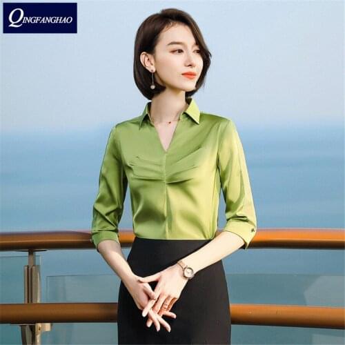 2020 Spring New Slim Professional Wear Middle Sleeve Shirt Green White Collar Sales Tool Shirt XXN
