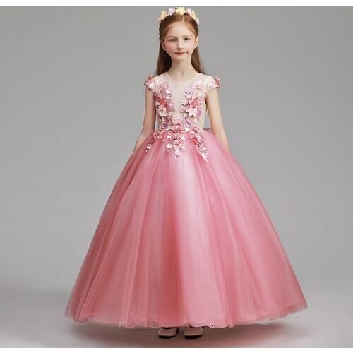 Flower Girl Dress Crystal Pearls Embroidery Appliques O-Neck Sequined Princess Sleeveless Floor-Length Tulle Kid Party Gown H142