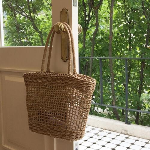 Casual Rattan Wicker Woven Handbags Women Hollow Out Shoulder Bag Female Summer Beach Straw Basket Bag Purse Large Capacity Tote