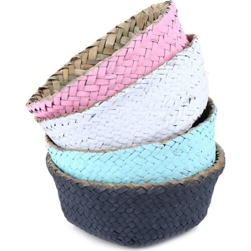 Foldable Sea Grass Basket Bamboo Seagrass Flower Pot Storage Baskets Straw Patchwork Rattan Seagrass Belly Garden Decor