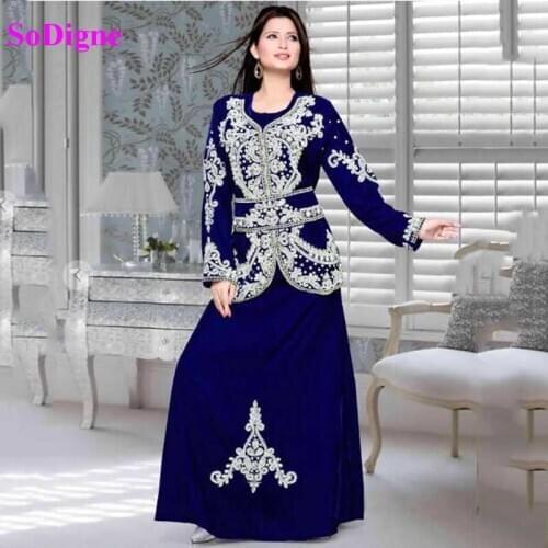SoDigne Dubai Caftan Velvet Evening Dress Mermaid Lace Appliques Long Sleeve Prom Gowns Muslim Arabic Women Party Gown
