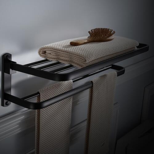 Bath Towel Rack with Two Bars Aluminum Black 50-60 cm Towel Rack Holder for Hotel or Home Bathroom Storage Rack Towel Holder