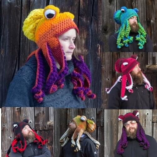 Unisex Handmade Knitted Beanie Cartoon Octopus Tentacle Eye Skullies Cap For Women Men Cosplay Headgear Winter Funny Octopus Hat