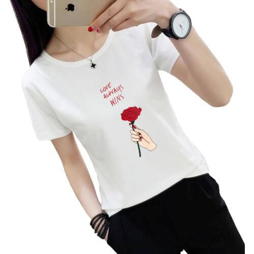 2018 Summer Fashion Letter Harajuku Print Ms. Short Sleeve T-shirt College Wind Ladies Milk Silk Fabric Rose Flower Top T-shirt